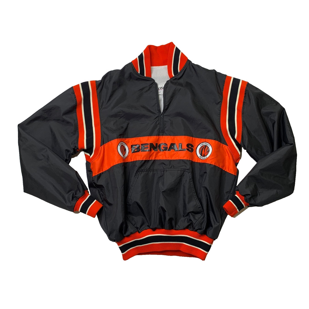 Vintage Cincinnati Bengals Jacket Men Medium Black Nylon Half Zip Varsity DeLong